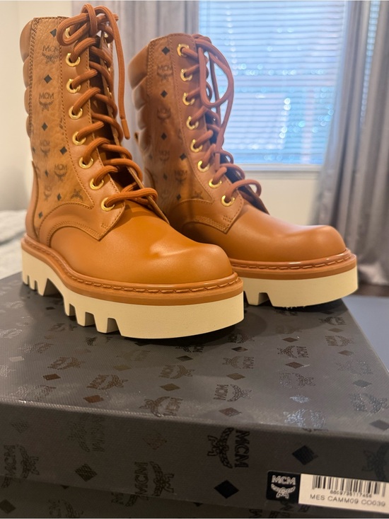 MCM Shoes - **Brand New** MCM Cognac Monogram Lace-Up Lug Boots with Cream Sole.